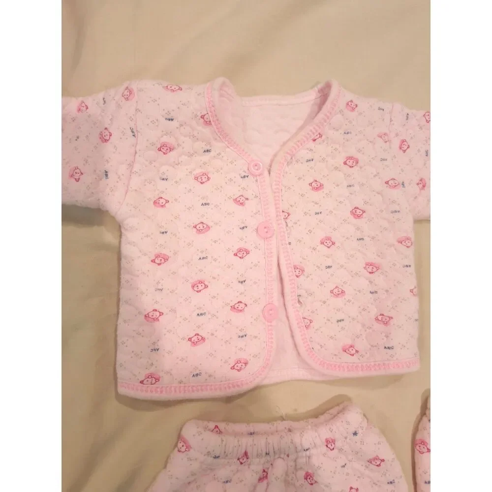 Soft Cotton Blend Top, PJ with Cap and Bib Set for Winter (0-3 Months) (Pink)